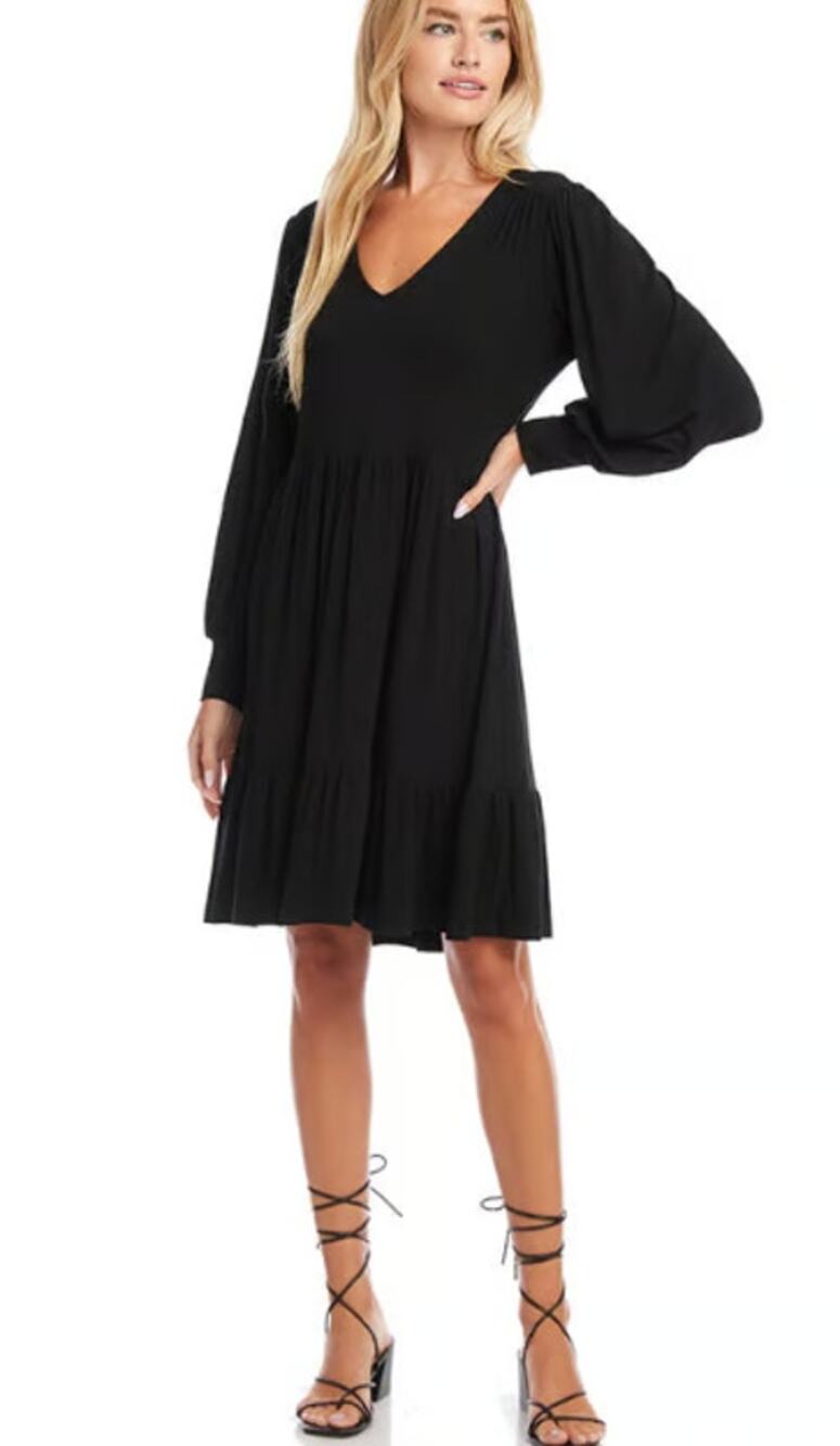 Karen Kane Long Sleeve Tiered Dress Women's XL Petite Navy Blue Blouson V-Neck
